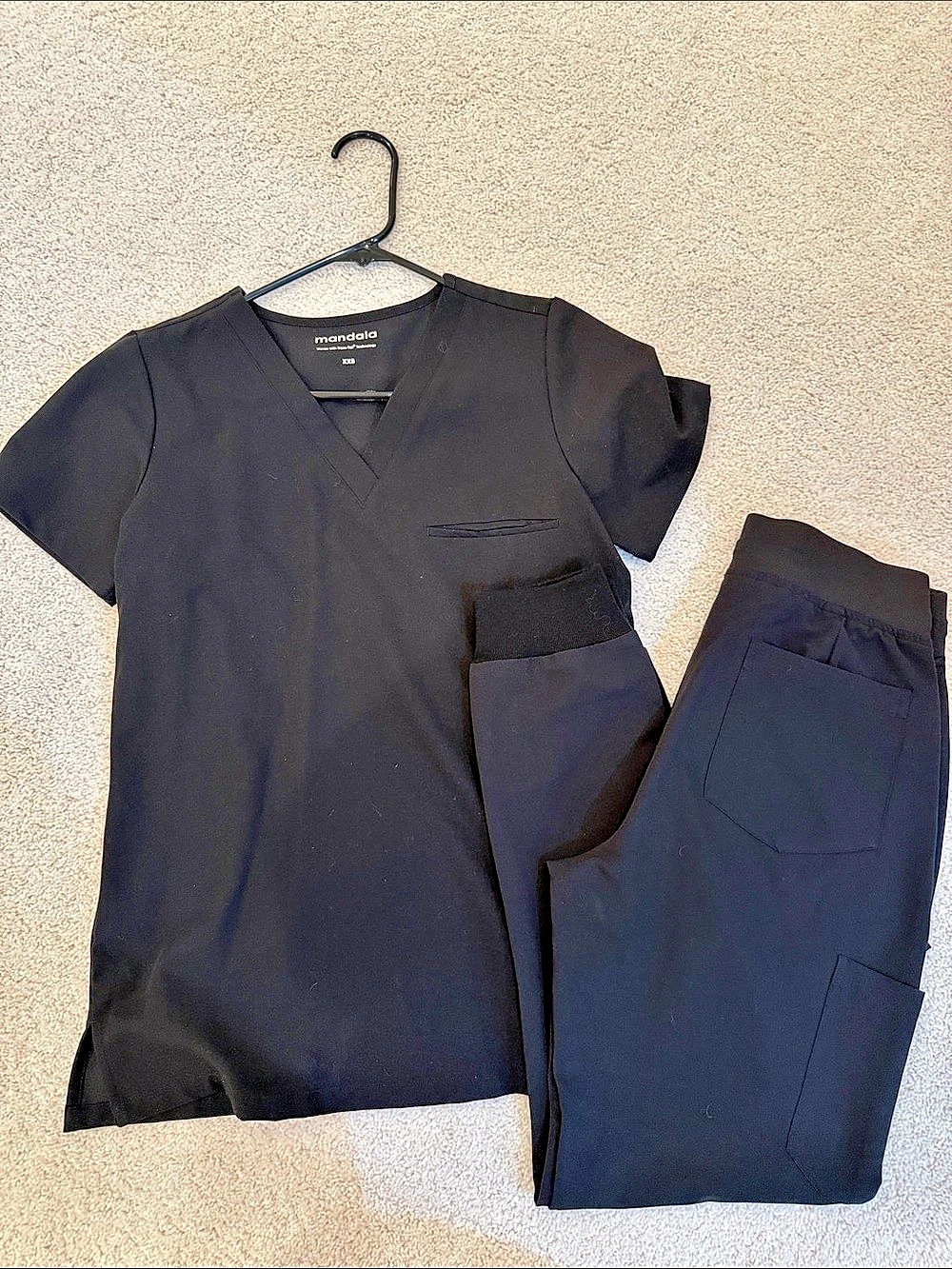 Mandala Scrub Set V-Neck Top and Jogger Pants Black